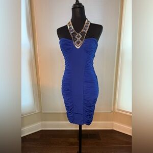 Bebe Blue Halter Mini Dress Ruched Sequin Embellished Size S